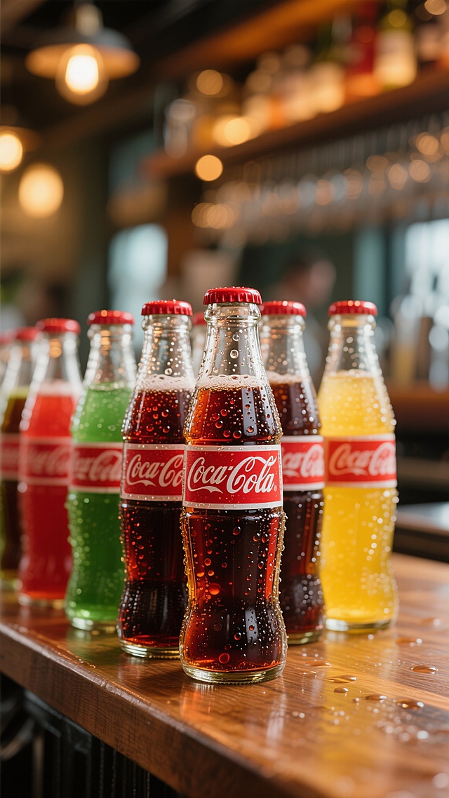 超写实风格摄影，特写镜头下的餐饮店吧台场景，冰镇的多瓶不同口味可口可乐玻璃瓶（经典红色、绿色、黄色瓶身，红色瓶盖，瓶身布满晶莹水珠与细密气泡）整齐排列在吧台上，背景可见模糊的餐饮店暖色调灯光与木质桌面纹理，整体光影柔和，色彩浓郁饱和，瓶身液体折射出诱人光泽，水珠欲滴的清凉质感，营造出夏日饮品的清爽氛围与餐饮店的温馨格调，画面聚焦可乐瓶细节，保持高度清晰的材质表现与真实的水珠光影效果。
