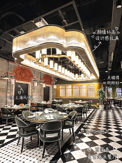 给这张餐厅环境图添加手绘注释：沿着每个主要物体外轮廓添加不均匀随意的白色细描边，用箭头引导。添加日记感手写评论：1. 云形主吊灯：颜值好高 设计感拉满；2. 黑白格地砖：复古氛围感；3. 青砖红拱墙：预览效果