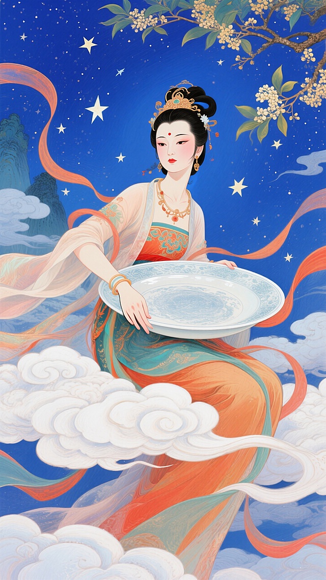 嫦娥上半身近景特写，右手拿着巨大的盘子伸向镜头，坐在云上，人物看向前方，强烈的仰视透视感，广角镜头，背景是是缀满星星的靛蓝色夜空，桂树枝桠