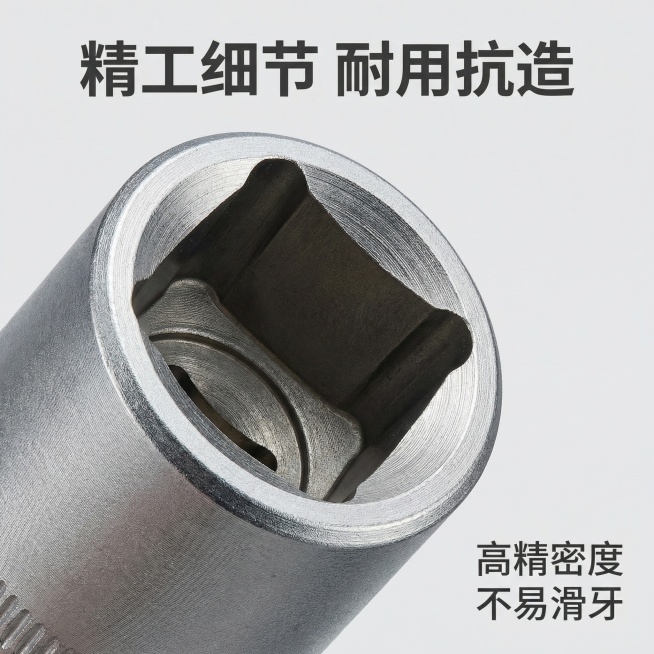 [主图 3] 五金套筒细节特写展示
[氛围/风格] 极致质感微距特写，突出材质纹理细节
[画面元素] 聚焦放大产品接口位置，保留产品原有金属纹理和磨砂质感，替换背景为纯净浅灰色，用柔和硬光突出金属切口预览效果