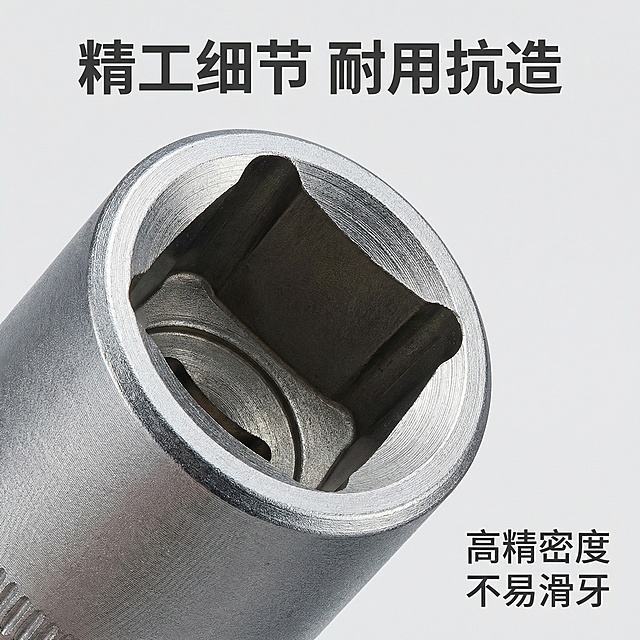 [主图 3] 五金套筒细节特写展示
[氛围/风格] 极致质感微距特写，突出材质纹理细节
[画面元素] 聚焦放大产品接口位置，保留产品原有金属纹理和磨砂质感，替换背景为纯净浅灰色，用柔和硬光突出金属切口的精致做工，展示产品加工精度，背景干净简洁
[配色色系] 主色调：浅灰色背景；金属银灰色产品本色
[视角构图] 特写中心构图，最大化展示关键细节，裁切合理突出主体
[文字版式] 顶部标题 "精工细节 耐用抗造"，右下角小字标注 "高精密度 不易滑牙"，字体深灰色无衬线，不遮挡核心细节区域，整体干净透气
[比例分辨率] 1:1 比例，2k 分辨率，确保产品纹理细节与原图一致