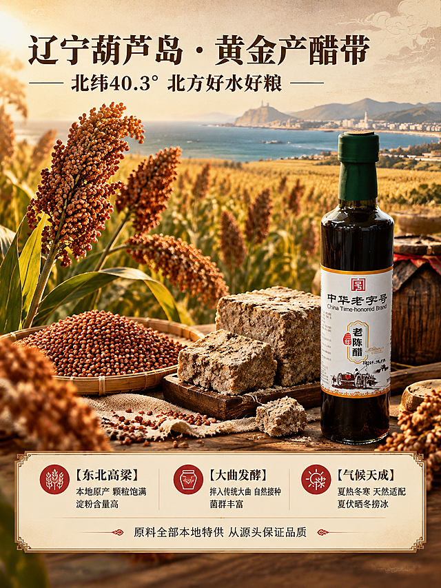 [商品] 使用【图2】锦港三年老陈醋玻璃瓶置于页面右下侧；保留深绿色瓶盖、深褐色玻璃醋瓶、白色标签、所有文字图案、瓶型比例与材质光泽；产品占画面约30%，作产地叙事的产品锚点。
[画面] 页面目标：产地与原料专张展示；主视觉左侧和上侧为东北高粱田+葫芦岛海滨北纬40.3°地理带的合成场景（高粱地特写占画面约40%，北方大地远景占20%）；右侧和下方放产品瓶+大曲原料特写+信息卡；前景有高粱穗、大曲块实物，中景产品瓶，远景东北田野风光，三层景深；突出原料真实感与产地优势。
[视觉] 套系策略：风格=中式古法匠心商业摄影，暖调高级质感；标题字=宋体粗体（传统衬线）；正文字=简洁黑体；主色=深棕醋色+暖木棕+高粱金；背景延展=基于深棕与暖米做深浅层级、同色渐变和宣纸/木质纹理质感；强调色=朱砂红，仅用于小面积图标、引线、标签和重点字高亮；标题色=深棕近黑；正文色=暖深灰；组件=圆角米白底信息卡、细线引线、传统回纹边框点缀；光影=自然暖日光，从左上方照射，产品与原料有真实阴影。
[文字] 左上主标题「辽宁葫芦岛 · 黄金产醋带」，副标题「北纬40.3° 北方好水好粮」；下方信息卡三点：「【东北高粱】本地原产 颗粒饱满 淀粉含量高」「【大曲发酵】拌入传统大曲 自然接种 菌群丰富」「【气候天成】夏热冬寒 天然适配夏伏晒冬捞冰」；底部小字「原料全部本地特供 从源头保证品质」；文字全部横向排版。
[规格] 图片比例3:4竖版，4K分辨率，quality=medium；避免变形、错字、文字过小、冷蓝背景、瓶身颜色改变。