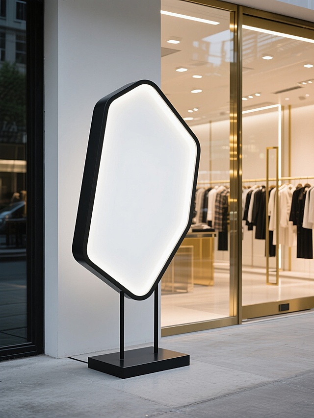 在现代简约风格的高端服装店入口处，一个具有创意几何形状（如流线型弧形、不规则多边形或带有圆角的方形）的落地灯箱，灯箱采用黑色金属边框，表面为光滑的白色发光面板，底部有稳固的黑色底座，整体设计时尚前卫，灯箱发出柔和均匀的光线，与周围玻璃幕墙、金色装饰线条、陈列的服装以及店内明亮的灯光环境相协调，营造出优雅、高端的商业氛围，灯箱位于店铺入口旁的灰色水泥地面上，周围环境清晰可见。