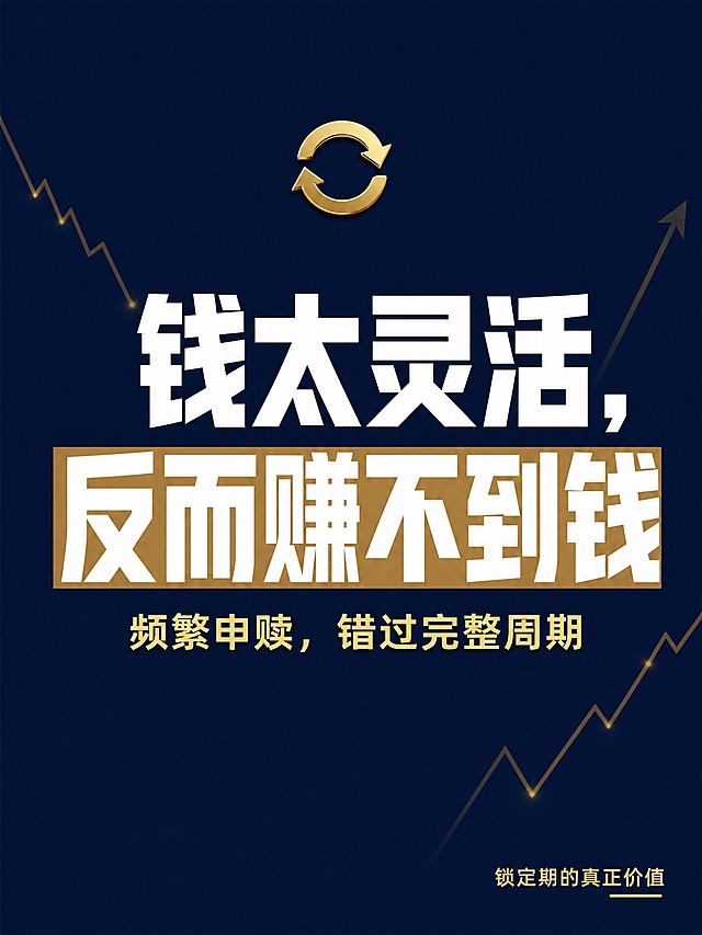 小红书笔记大字封面，纯大字，杂志海报风，版式精美，小红书笔记封面质感，适合信息流点击。主标题必须完整呈现且为画面视觉中心，逐字锁定：「钱太灵活，反而赚不到钱」。主标题字号占画面约 50% 视觉权重，清晰可读，不得增删改字。副标题：「频繁申赎，错过完整周期」。底部装饰短句：「锁定期的真正价值」。背景：深蓝色纯色底，画面左侧有一条微弱的暗金色向下折线图（从左上向右下延伸，代表下跌），画面右侧有一条微弱的暗金色向上折线图（从左下向右上延伸，代表上涨），左右折线图作为背景装饰，若隐若现不抢文字主体。标题排版：采用纯大字 P08 文本底框策略，主标题为白色扁平超粗黑体/sans，「反而赚不到钱」可加暗金色矩形色块底强调；副标题为浅金色中等粗细字体，位于主标题下方；底部小字「锁定期的真正价值」为暗金色小号字体，居右下角。装饰：左右两侧暗金色折线图作为主装饰；主标题上方空白处加 1 个小型金色循环箭头 emoji 贴纸，不与主标题逐字混排；整体克制高级，禁止底部横排多个 emoji。整体氛围：投资反思、流动性痛点、理性专业、高级质感。画质：高清细腻，信息层级清晰，深蓝底白字强对比，文字完整处于安全区内不可裁切，四周留安全边距。画面比例 3:4，4K。