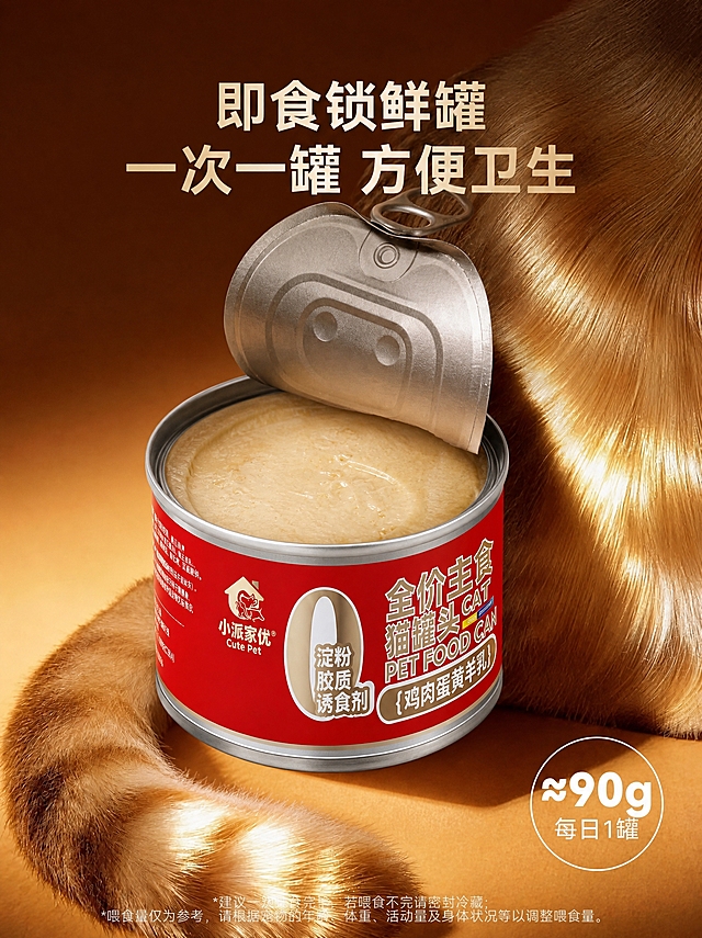 将图中的白色猫罐头替换为图2中的红色小派家优全价主食猫罐头（鸡肉蛋黄羊乳口味），保持原海报的构图、背景、橘猫毛发、文字内容、光影和整体风格不变，罐头角度、开盖状态、位置与原图一致，罐头内食物质感匹配新罐头的慕斯质地，画面自然真实，商业摄影质感