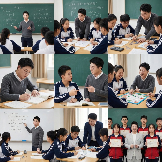 帮我生成关于高中数学的九宫格图片，要有老师和学生，老师的脸帮我设计成这张图片的，学生是中国人。预览效果