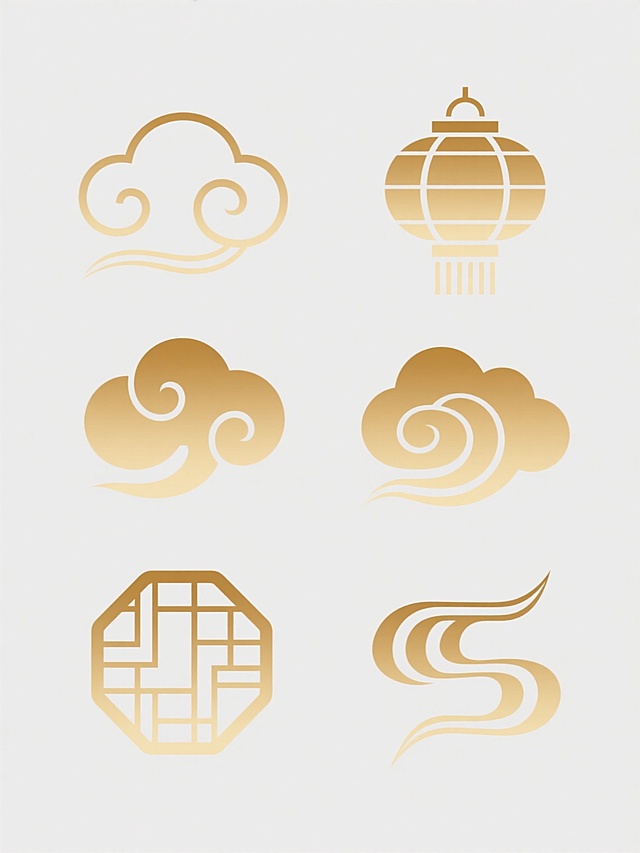 白色背景上整齐排列六个不同样式的国风元素，包括云纹、灯笼、几何祥云等，采用金色渐变线条与色块结合的设计，线条流畅简洁，具有传统中国风韵味，元素间间距均匀，整体呈现出简约而典雅的装饰美感。