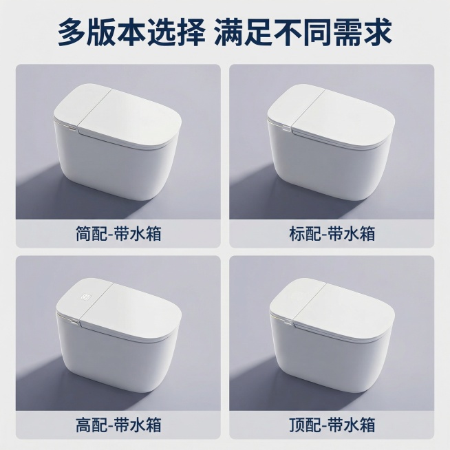 [主图 4] 智能马桶多配置规格展示
[氛围/风格] 简约商务展示风格，干净统一背景，清晰专业
[画面元素] 四宫格拼图展示四个不同配置版本的智能马桶（简配版/标配版/高配版/顶配版），每个马桶都保持预览效果