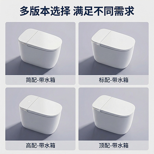 [主图 4] 智能马桶多配置规格展示
[氛围/风格] 简约商务展示风格，干净统一背景，清晰专业
[画面元素] 四宫格拼图展示四个不同配置版本的智能马桶（简配版/标配版/高配版/顶配版），每个马桶都保持原图外观和白色不变，每个宫格背景统一浅灰色，光影一致，四个宫格大小均匀，排版整齐
[配色色系] 主色调：白色马桶+浅灰色背景，深蓝色文字，整体统一整洁
[视角构图] 四宫格等比例均分1:1画面，每个马桶居中展示，角度统一为斜45度平视
[文字版式] 每个宫格底部标注对应配置名称 "简配-带水箱" "标配-带水箱" "高配-带水箱" "顶配-带水箱"，深蓝色字体，简洁标注，不遮挡产品主体，顶部大标题 "多版本选择 满足不同需求"，深蓝色粗体
[比例分辨率] 1:1 比例，2k 分辨率
保持每个马桶外观和结构和参考图完全一致，统一排版和背景