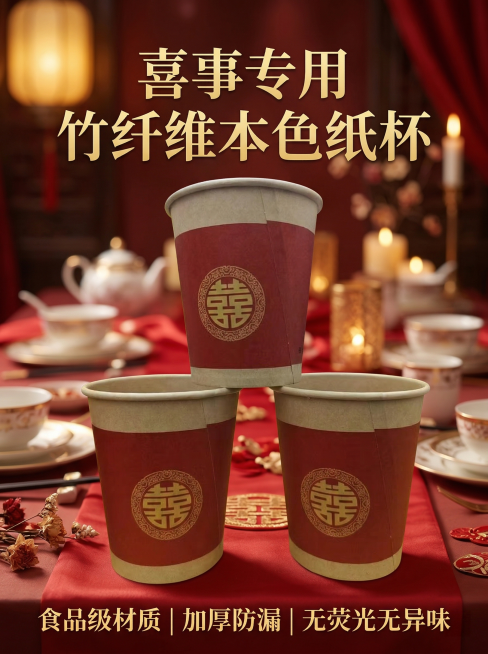 第1张竹纤维喜庆纸杯详情页头图，保留原图纸杯完全不变，背景为新中式红色喜庆婚礼宴席场景，暖金色柔光，质感高级，画面上方配大标题“喜事专用 竹纤维本色纸杯”，下方标注核心卖点“食品级材质 | 加厚防漏预览效果