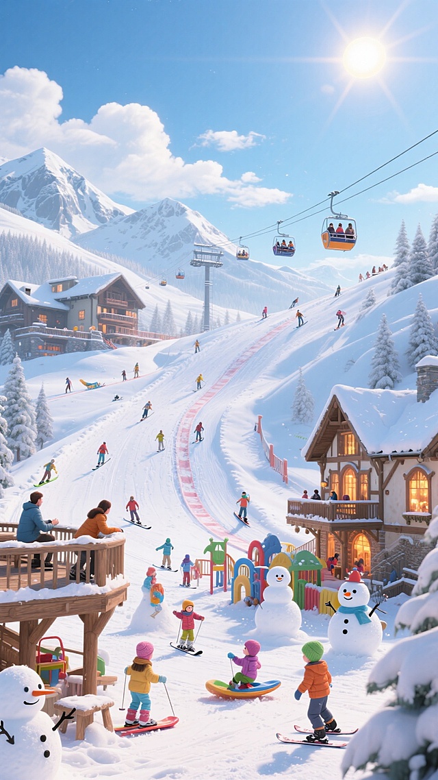 滑雪度假村场景，包含高低起伏的雪坡和多条滑雪道。有大人和小孩在不同难度的雪坡上滑雪或玩雪橇。一些人站在木制观景台上观看景色或休息。设有儿童游乐区，内有小型雪人和几个孩子在堆雪人、打雪仗。度假村建筑采用欧式风格，外墙装饰着暖色调灯光，屋顶覆盖着积雪。远处是连绵的雪山山脉，天空中有几朵白云，太阳高悬，阳光照射在雪地上形成闪耀光芒。场地中还有滑雪缆车，有人正乘坐上山。多种活动元素共存，营造出生动有趣的冬日滑雪度假村景象。