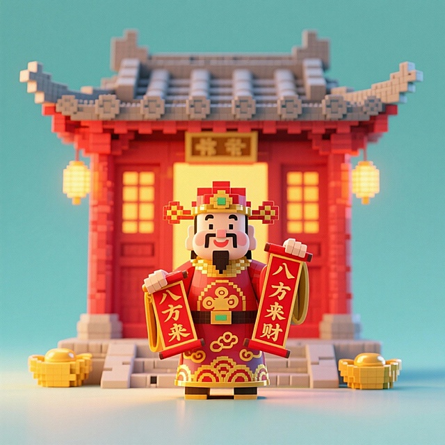 像素风与软3D结合，中式财神手持春联立于微缩庙宇前，喜庆红金配色，卡通化造型传递春节祥瑞氛围。