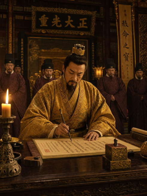 Emperor Taizu of Song signing an imperial decree under candlelight in royal palace, historical paint预览效果