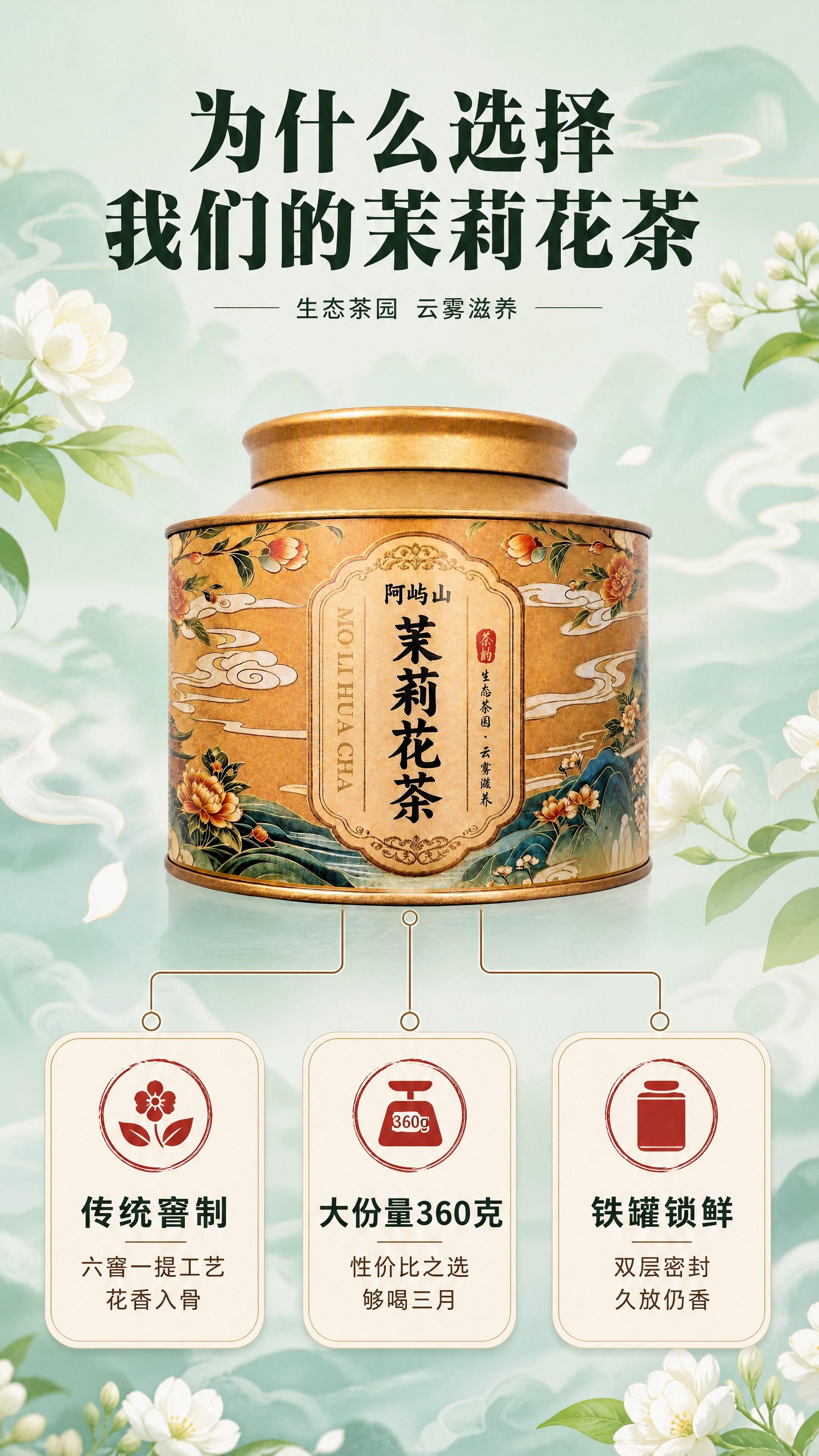 [商品] 使用【图1】阿屿山茉莉花茶金色铁罐；保留罐体结构、金… - 图片创意预览