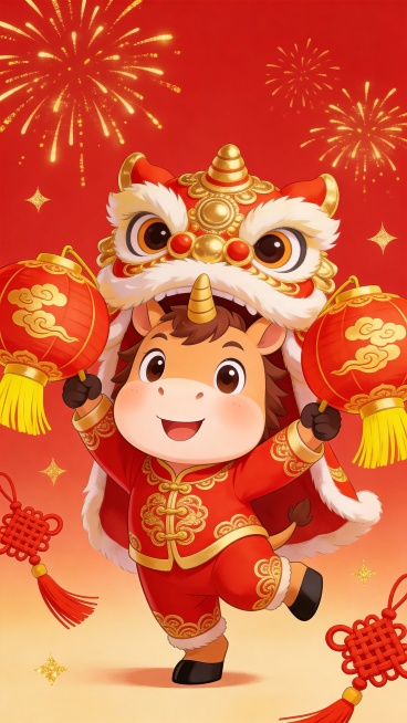 2026新年春节马年生肖卡通IP形象元素，拟人化的可爱小马，身穿新年醒狮服饰，手拿灯笼，脸部圆润，动作表情浮夸，脸部圆润，整个画面充满喜庆的感觉。预览效果