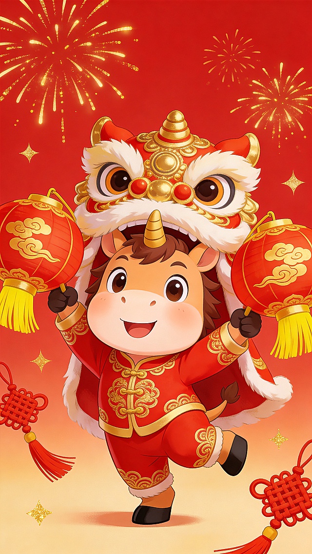 国潮风插画，拟人小牛身披狮头舞动红灯笼，鎏金细节点缀，剪纸元素与烟花烘托喜庆氛围，萌趣十足。