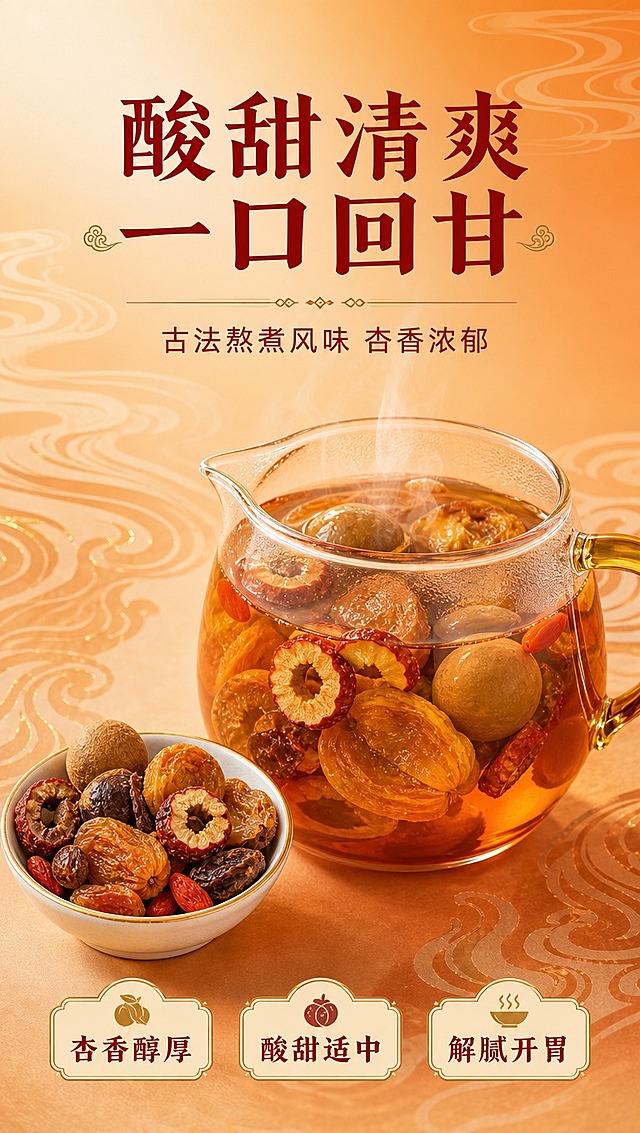 [商品] 使用【图2】杏皮茶原料（杏干、山楂干、桂圆、葡萄干、枸杞等）；保留原料真实形态和颜色；商品处理：增强原料色泽与质感，去除杂点，不改变形态比例。
[画面] 目标：口感质地页，展现冲泡后的茶汤色泽与原料舒展状态，引发酸甜清爽的口感联想。构图：中下部一只透明玻璃壶/玻璃杯盛有琥珀色杏皮茶汤，茶汤中可见舒展的杏皮、山楂等原料；杯口有淡淡热气；旁边摆放一小碗干原料做对比；背景为暖橙渐变，有敦煌水波纹元素点缀；产品/茶汤主体占画面60%。
[视觉] 套系策略：风格=国潮敦煌风商业美食摄影；标题字=书法宋体粗体（带传统衬线）；正文字=简洁黑体；主色=朱红+暖橙；背景延展=基于暖橙做由深到浅的渐变、同色系敦煌水纹暗纹、细腻柔光质感；强调色=金色，仅用于小面积图标、引线和标签；标题色=深朱红；正文色=深棕红；组件=圆角金边信息卡、传统纹样分割线、敦煌风图标；光影=侧逆光暖调，茶汤通透有光泽，杯壁有自然反光。
[文字] 上方主标题「酸甜清爽 一口回甘」，副标题「古法熬煮风味 杏香浓郁」；下方3个口感短句横向排列：① 杏香醇厚 ② 酸甜适中 ③ 解腻开胃；文字横排，不遮挡茶汤主体。
[规格] 图片比例9:16竖版，4K分辨率，避免变形、错字、文字过小、冷蓝灰背景、茶汤颜色失真、医疗功效宣传、二维码/条形码。