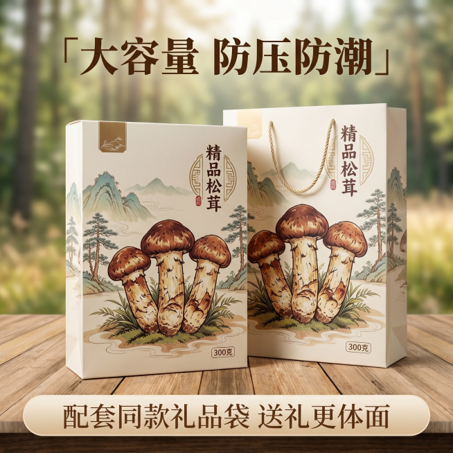 [主图 2]核心卖点展示图，展示配套礼品袋。[氛围风格]田园治愈风，结合古风设计，自然清新氛围。[画质]商业摄影质感，光线柔和通透，产品清晰真实，画面干净高级。[元素]展示松茸礼盒和配套礼品袋同框摆放预览效果