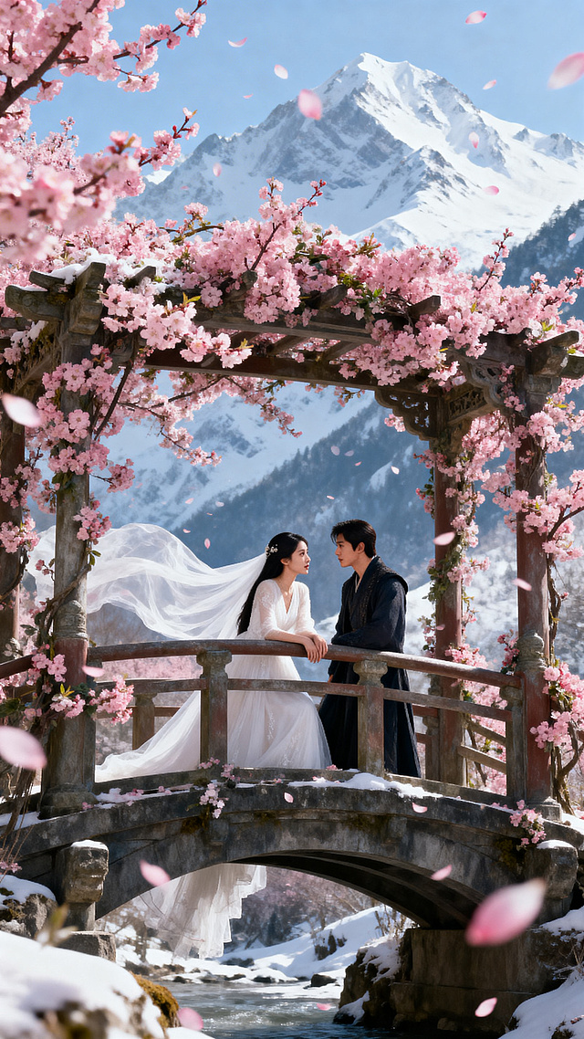 场景转换为开满梅花的古桥花架，身着白纱的修长东亚女子倚靠在桥栏边，温柔地看着身前的男子，唇瓣轻启神色不舍，周围是盛放的粉色梅花，背景是环绕的雪山，色彩艳丽，写实电影唯美风格，无违规内容。