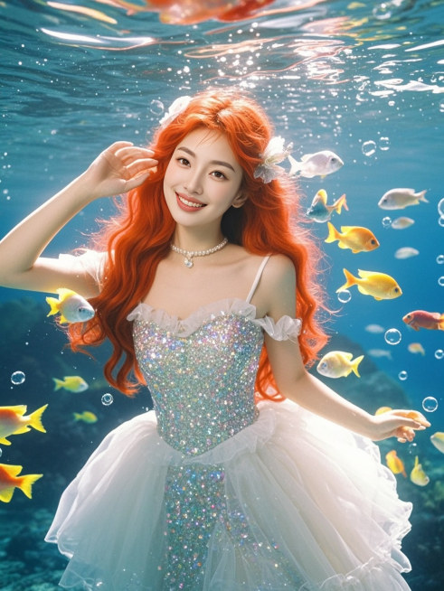 红发少女，瀑布般的长发，水下美人鱼写真，公主造型，旁边鱼群环绕，开心神态，清透梦幻氛围，深海预览效果