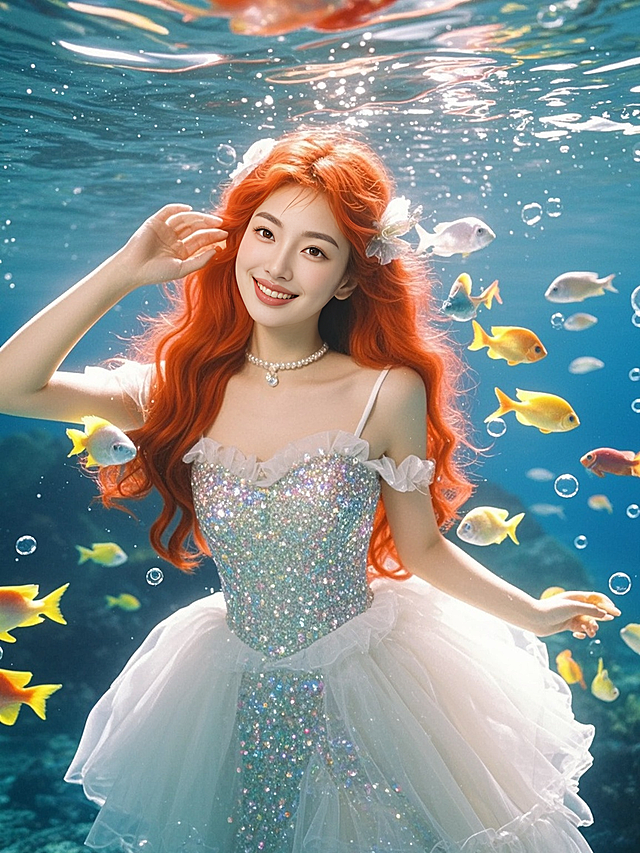 梦幻海底世界，红发少女身着闪亮礼服，与鱼群共舞，甜美浪漫，超现实主义风格。