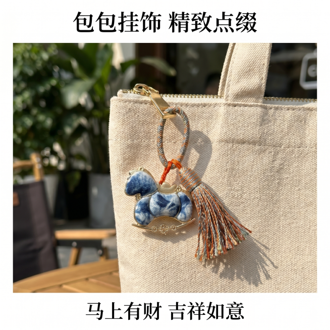 [主图 5] 包包挂饰展示场景；
[氛围风格] 日常出门搭配，自然生活化；
[画质] 商业摄影质感、光线柔和通透、产品清晰真实、画面干净高级。
[元素] 短款扎染小马挂饰挂在帆布包拉链上，展示包挂使用预览效果