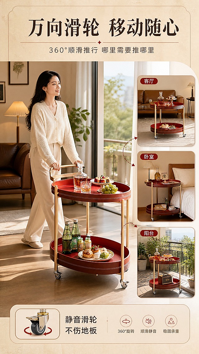 [商品] 使用【图1】左侧DS-071A红色款移动餐车；保留椭圆形双层马鞍皮台面、香槟金不锈钢支架、金属提手、360°万向滑轮的结构与比例，红色马鞍皮颜色不变；餐车上摆放饮品与点心，展示移动使用状态。
[画面] 页面目标：体现360°滑轮移动便利性与多场景适配。上文下景构图，顶部约25%为文案区，底部约75%为多场景拼贴或半透明叠层展示；主场景为一位年轻女性（亚洲面孔，居家休闲装扮）轻握提手推动餐车，从客厅向阳台移动的动态瞬间；背景叠化卧室、书房、阳台三个小场景示意，体现一台多用；餐车占画面约45%，人物动作自然真实。
[视觉] 套系策略：风格=轻奢复古家居商业摄影；标题字=现代衬线粗体（复古感）；正文字=简洁无衬线体；主色=复古红棕+暖驼色；背景延展=基于暖驼色做深浅层级、同色渐变和细腻纸张/织物质感；强调色=复古红，仅用于小面积图标、引线和标签；标题色=深棕黑；正文色=中暖灰；组件=圆角浅底信息卡、细线引线、复古胶囊框；光影=左前侧暖柔光，柔和阴影。
[文字] 顶部主标题「万向滑轮 移动随心」（8字），副标题「360°顺滑推行 哪里需要推哪里」（14字）；画面中三个小场景旁分别标注「客厅」「卧室」「阳台」；底部加卖点条：「静音滑轮 不伤地板」。
[规格] 图片比例9:16竖版，4K分辨率，负向提示：避免变形、错字、文字过小、冷蓝/蓝灰背景、产品颜色改变、结构失真、平台Logo水印、绝对化用语、人物面部模糊。