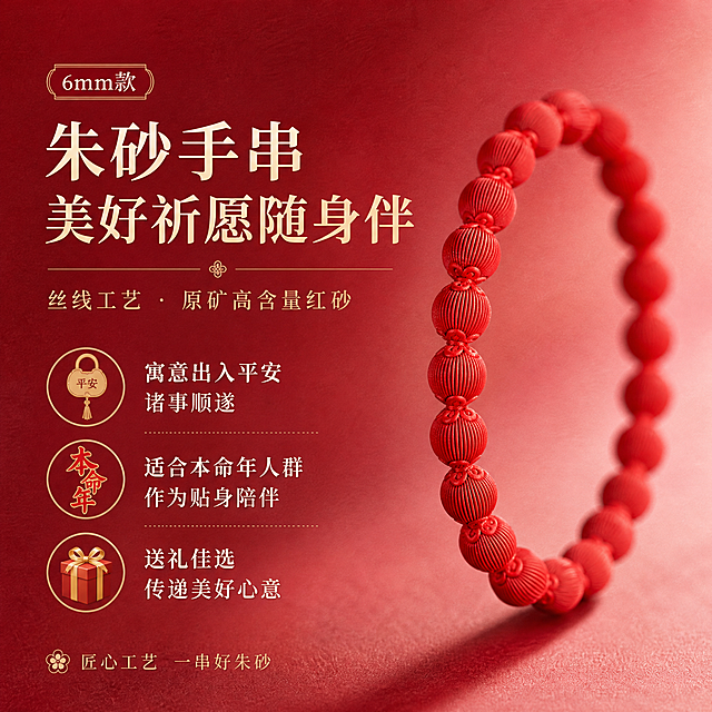 淘宝天猫电商主图，1:1正方形，高级渐变红色调背景（由深酒红渐变至浅粉调），背景带细腻纸质感，高级轻奢风格。画面主体是朱砂红砂灯笼珠手串（6mm款），产品原样保留不修改外观，手串侧视特写角度，突出珠子排列的纤细美感。画面配有丰富卖点文字和对应小图标：标题文字“朱砂手串 美好祈愿随身伴”，卖点1配平安锁图标“寓意出入平安 诸事顺遂”，卖点2配本命年红图标“适合本命年人群 作为贴身陪伴”，卖点3配礼盒图标“送礼佳选 传递美好心意”。文字排版精致，符合天猫平台规则，无违规极限词，整体风格统一高级，产品清晰突出。