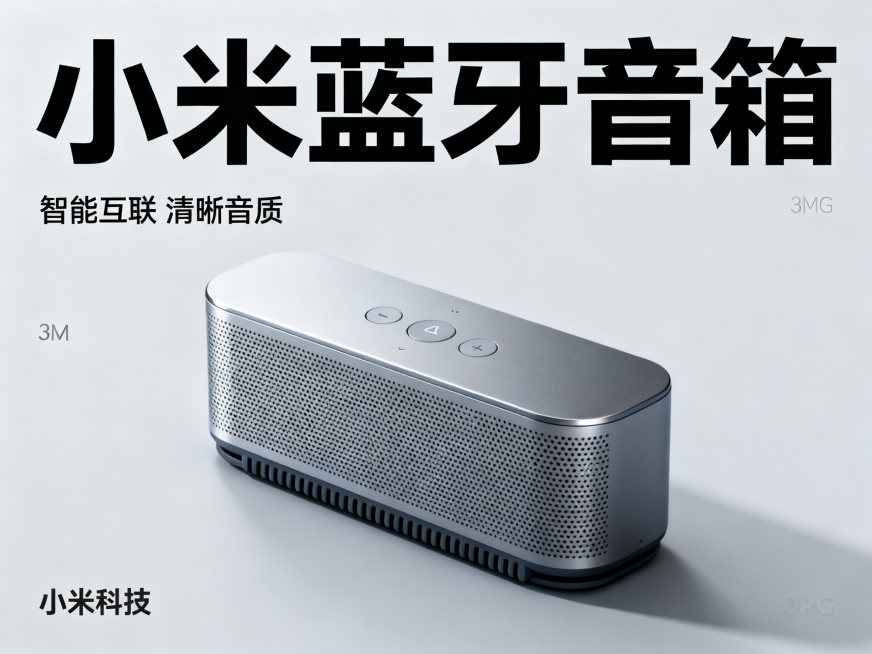 小米蓝牙音箱宣传图，现代简约风格，音箱放置在干净简洁的场景中，产品清晰突出，科技感十足，适合作为电商宣传海报，3M画质输出，JPG格式预览效果