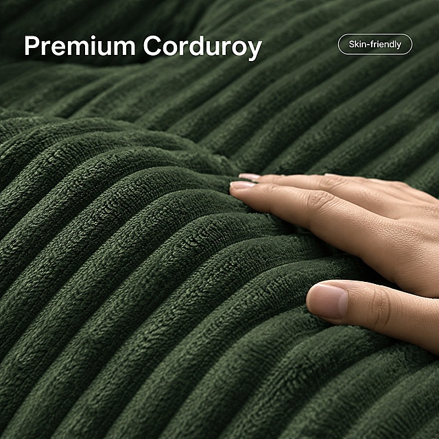 [Main Image 3] Material detail display of corduroy lazy sofa. [Atmosphere Style] Close-up high-definition display, highlight material advantages, simple and high-end. [Image Quality] Super macro shooting, clear texture, delicate display, commercial high-end texture. [Elements] Full screen close-up amplification of the corduroy fabric texture of the sofa, a hand gently touching the fabric to show the soft and skin-friendly touch. **The fabric texture must be consistent with the original product, clear concave-convex stripes, highlight the corduroy material characteristics**. Top left is the main title "Premium Corduroy", top right small capsule label "Skin-friendly". [Light and Shadow] Soft directional light, highlight the three-dimensional texture of the fabric, natural shadow, clear texture. [Color Matching] Based on the original dark green of the product, keep the color consistent. [Perspective Composition] Full-frame close-up, focus on the fabric, natural shallow depth of field. [Text Layout] Title text is placed in the upper negative space, do not block the core texture area, the text is clear and prominent. [Output Requirements] 1:1 ratio, clear texture, ultra HD commercial photography texture. [Negative Prompt] Deformation, blurring, wrong material, wrong color, watermark, Chinese characters.