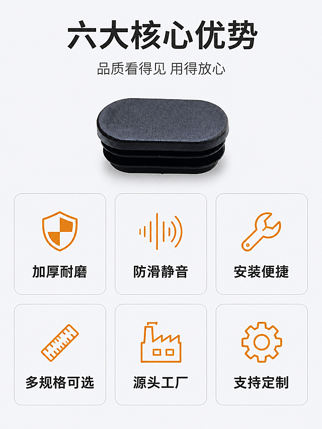 [第2屏] 核心卖点总览-椭圆形塑料管塞6大卖点icon卡片矩阵。本屏使用【图1】作为产品展示元素。
[氛围/风格] 1688 B端工业风，清爽规整，信息层级清晰，商业摄影质感。
[元素布局] 画面顶部为标题区，中部偏上展示1款中等尺寸管塞正面特写，占比约25%，位于画面中轴线上方。下方为2行3列共6个卖点icon卡片矩阵，每个卡片为浅灰色圆角矩形，内有线性图标+短标题。背景为纯净浅灰色，卡片之间有均匀间距。保持产品外观与输入产品图一致。
[光影质感] 顶部均匀柔光照明，产品特写有自然明暗过渡，卡片区域平光处理保证文字清晰。整体明亮通透，无强烈阴影。
[配色色系] 全局底色 #F5F7FA 浅灰；主色深灰文字；辅助色橙色（图标+强调）+ 白色卡片底 + 浅灰描边。
[视角构图] 正面平视，垂直阅读动线：顶部标题 → 中部产品 → 下部卖点矩阵，信息从上到下递进。
[文字版式] 顶部居中主标题「六大核心优势」粗黑体深灰色，副标题「品质看得见 用得放心」小号浅灰色。6个卖点卡片分别为：第一行「加厚耐磨」「防滑静音」「安装便捷」；第二行「多规格可选」「源头工厂」「支持定制」。每个卡片上方配对应线性图标（盾牌/声波/扳手/标尺/工厂/齿轮），图标橙色，文字深灰粗体，卡片内居中排列。
[比例分辨率] 3:4 竖版比例，4K分辨率，文字清晰可辨，高清画质。
[负向提示词] 变形，水印，文字错乱，产品模糊，背景杂乱，电商平台Logo