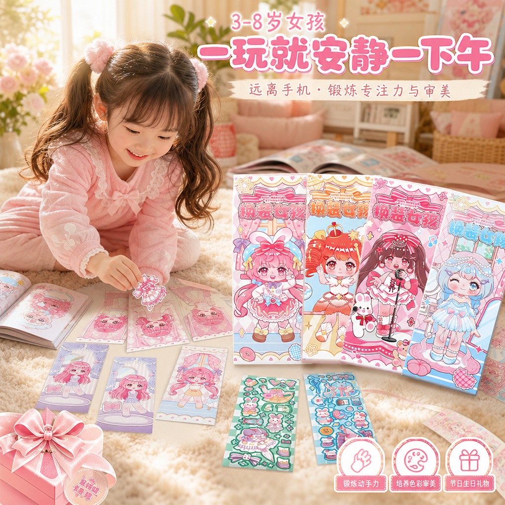 1:1正方形电商主图，场景送礼主题，3-8岁女孩，人物卡平铺桌… - 图片创意预览