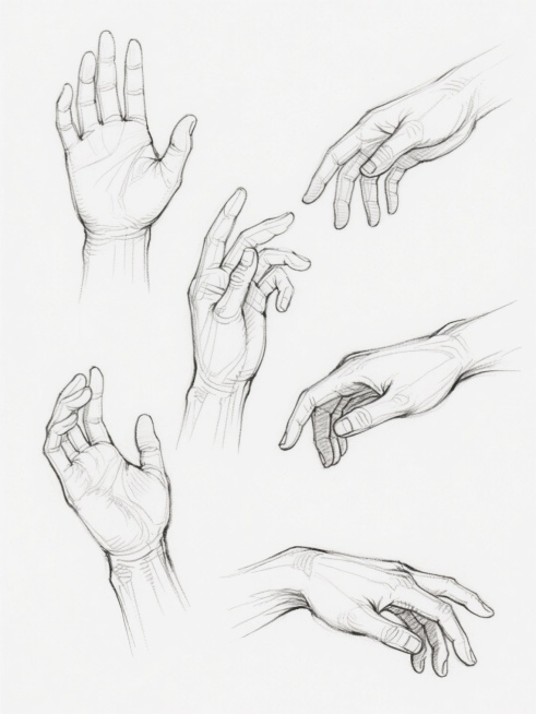 一张手绘风格的线稿图，画面中展示了6只不同姿态的人手素描，每只手的手指弯曲角度、手掌朝向和手腕姿态各不相同，线条流畅自然，清晰勾勒出手部的骨骼结构和肌肉走向，具有专业的人体素描感，背景为纯白色，突出手部线条的简洁与精准。预览效果