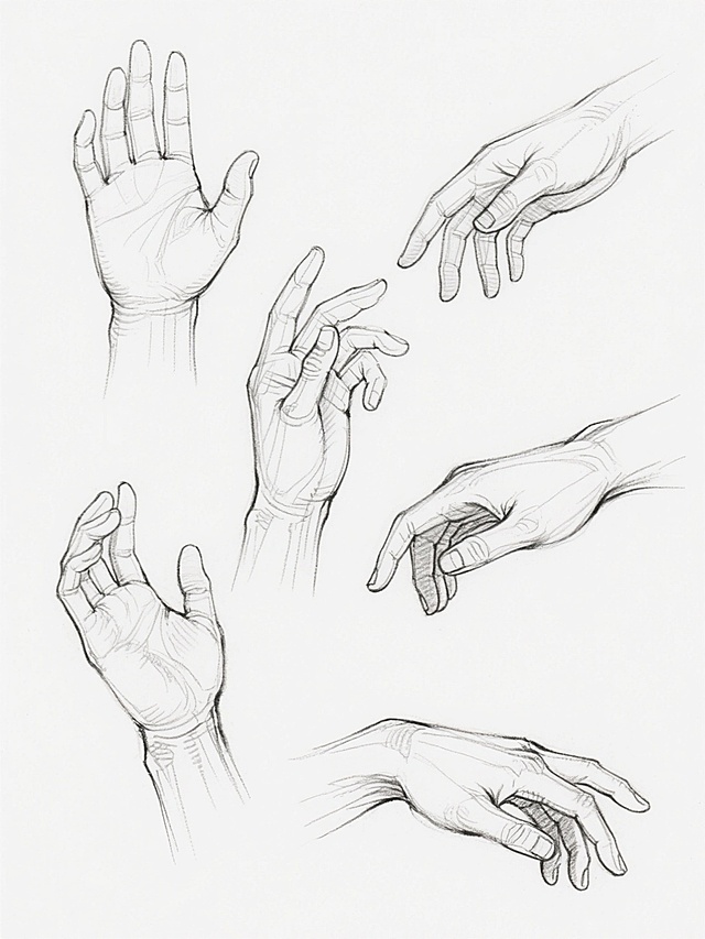 一张手绘风格的线稿图，画面中展示了6只不同姿态的人手素描，每只手的手指弯曲角度、手掌朝向和手腕姿态各不相同，线条流畅自然，清晰勾勒出手部的骨骼结构和肌肉走向，具有专业的人体素描感，背景为纯白色，突出手部线条的简洁与精准。