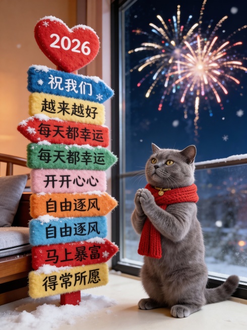 图中宠物围红色针织围巾，直立起身，双爪交握似祈福，表情虔诚
左边有彩色毛绒指示牌（顶部红心形写“2026”，往下依次写有文案“祝我们”“越来越好”“每天都幸运”“开开心心”“自由逐风”“马上暴富”“得预览效果