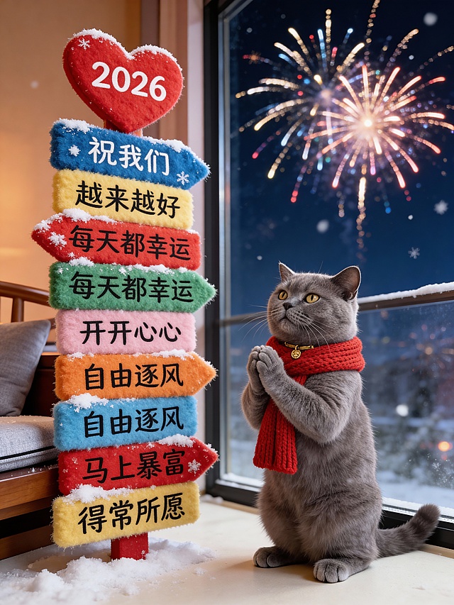 拟人风猫咪戴红围巾虔诚祈福，毛发生长质感路牌叠满新年祝福，面料风雪景烘托喜庆温馨氛围，窗外烟花绽放迎接2026。