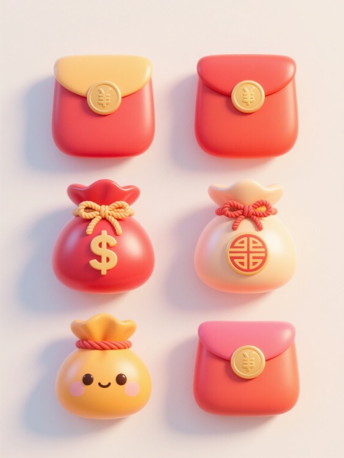3D立体风格的6个不同配色、不同样式的红包元素造型，每个红包都具有圆润可爱的Q版形态，表面呈现光滑的渐变质感和柔和的光影效果，类似原图中钱袋的卡通化处理方式，红包上装饰有蝴蝶结、绳结或传统纹样等细节，整体排列为上下两行对齐分布，背景为浅色，干净简洁，营造出喜庆、活泼且精致的视觉氛围，风格统一于圆润Q萌的3D立体设计，色彩鲜艳明快，细节丰富。预览效果