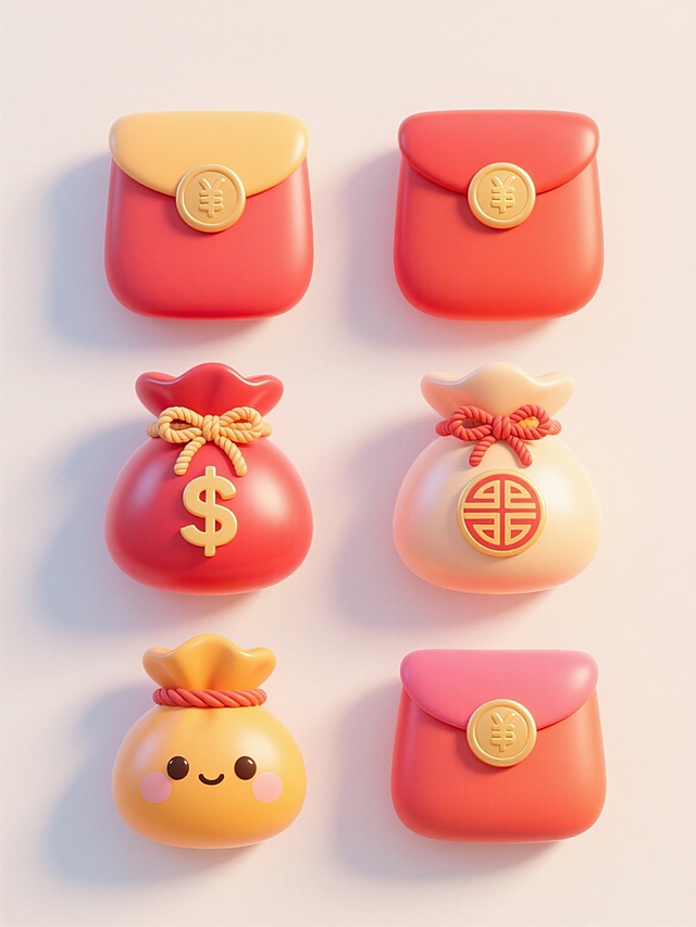 3D立体风格的6个不同配色、不同样式的红包元素造型，每个红包都具有圆润可爱的Q版形态，表面呈现光滑的渐变质感和柔和的光影效果，类似原图中钱袋的卡通化处理方式，红包上装饰有蝴蝶结、绳结或传统纹样等细节，整体排列为上下两行对齐分布，背景为浅色，干净简洁，营造出喜庆、活泼且精致的视觉氛围，风格统一于圆润Q萌的3D立体设计，色彩鲜艳明快，细节丰富。