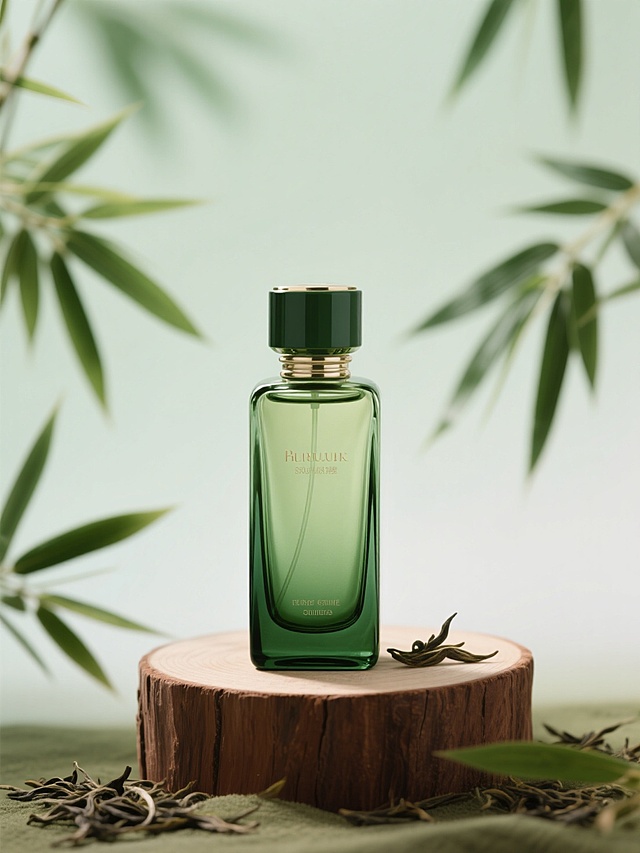 绿色调高端香水特写，放在圆润的棕色原木块上，环绕着茶叶和竹叶，背景是柔和的淡绿色渐变背景