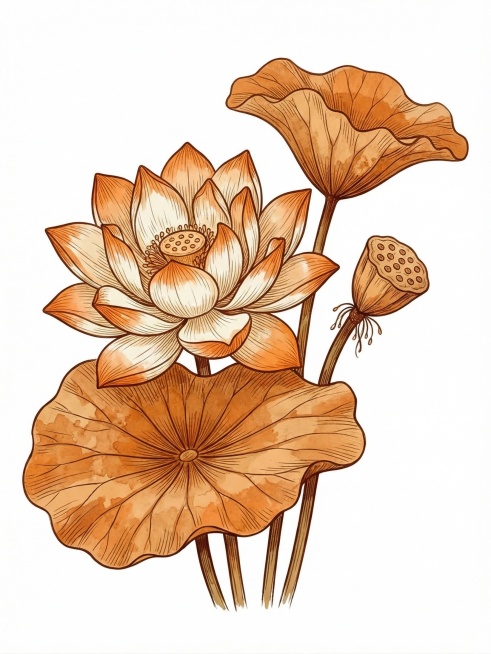 生成和参考图同种手绘插画风格的荷花，颜色保持和原图一致，为暖橙色和米白色搭配，棕色枝干叶片，白色背景，线条清晰的复古手绘花卉插画预览效果