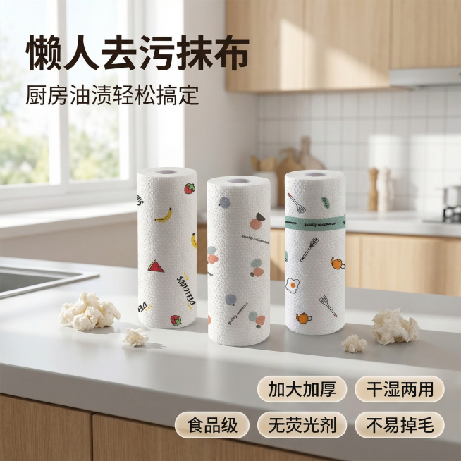 [主图 1] 一次性懒人抹布厨房去污首图
[主图主题] 懒人一次性抹布去污神器首图
[氛围/风格] 简约干净风，明亮厨房自然光，通透清洁感
[画面元素] 三款不同印花的一次性抹布居中展示，放置在干净整预览效果