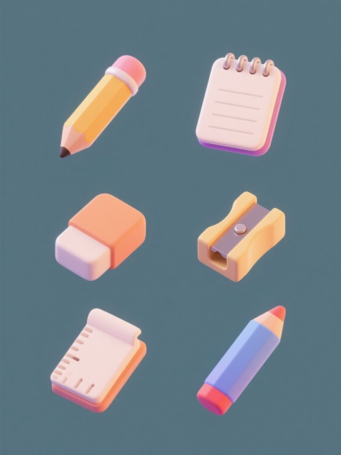 一系列6个完全不同的卡通风格文具图标，保持与示例一致的3D立体效果、圆润边角、柔和渐变色彩和简约造型，包含铅笔、笔记本、橡皮、尺子、卷笔刀和彩色马克笔，每个文具独立呈现，规整排列在纯色背景上，保持统一的光影处理和可爱的设计感。预览效果