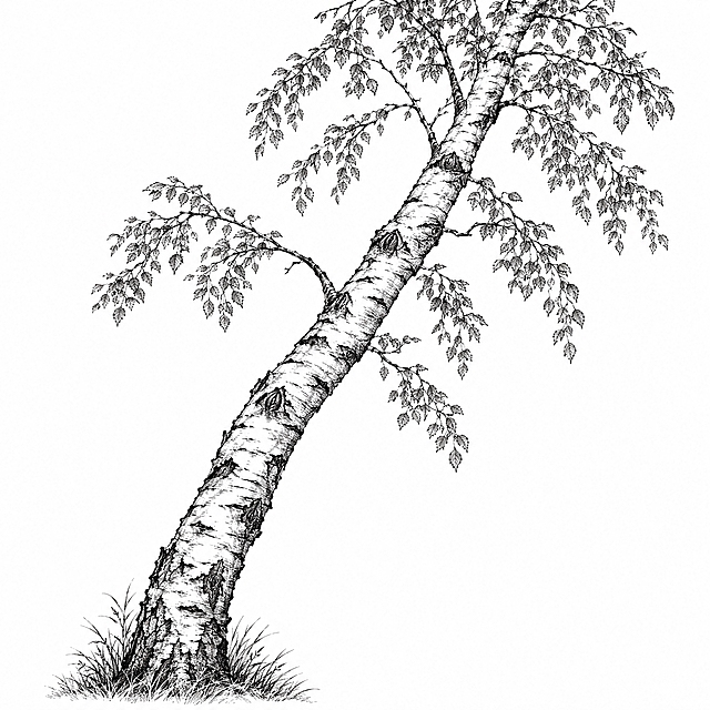 参考图中包装上的黑白铜版画/古典植物雕版线描风格，重新绘制一幅【白桦】的简笔画：竖版构图，一根弯曲的白桦主干自左下蜿蜒至右上贯穿画面，树皮粗糙斑驳、节疤明显，枝桠伸展挂叶，整体构成优雅的曲线构图，留白充足，纯白背景，黑白色调，无任何文字