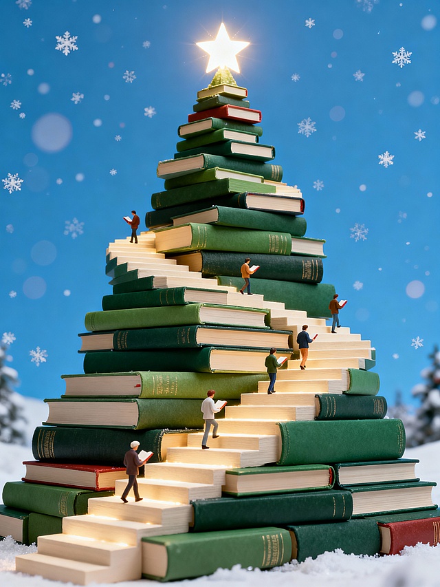 由书籍堆叠而成的圣诞树，书本层层向上，化作通往光亮的阶梯，人们在阅读中缓慢攀登。圣诞树化为书山，成为承载知识、希望与祝福的向上之路。