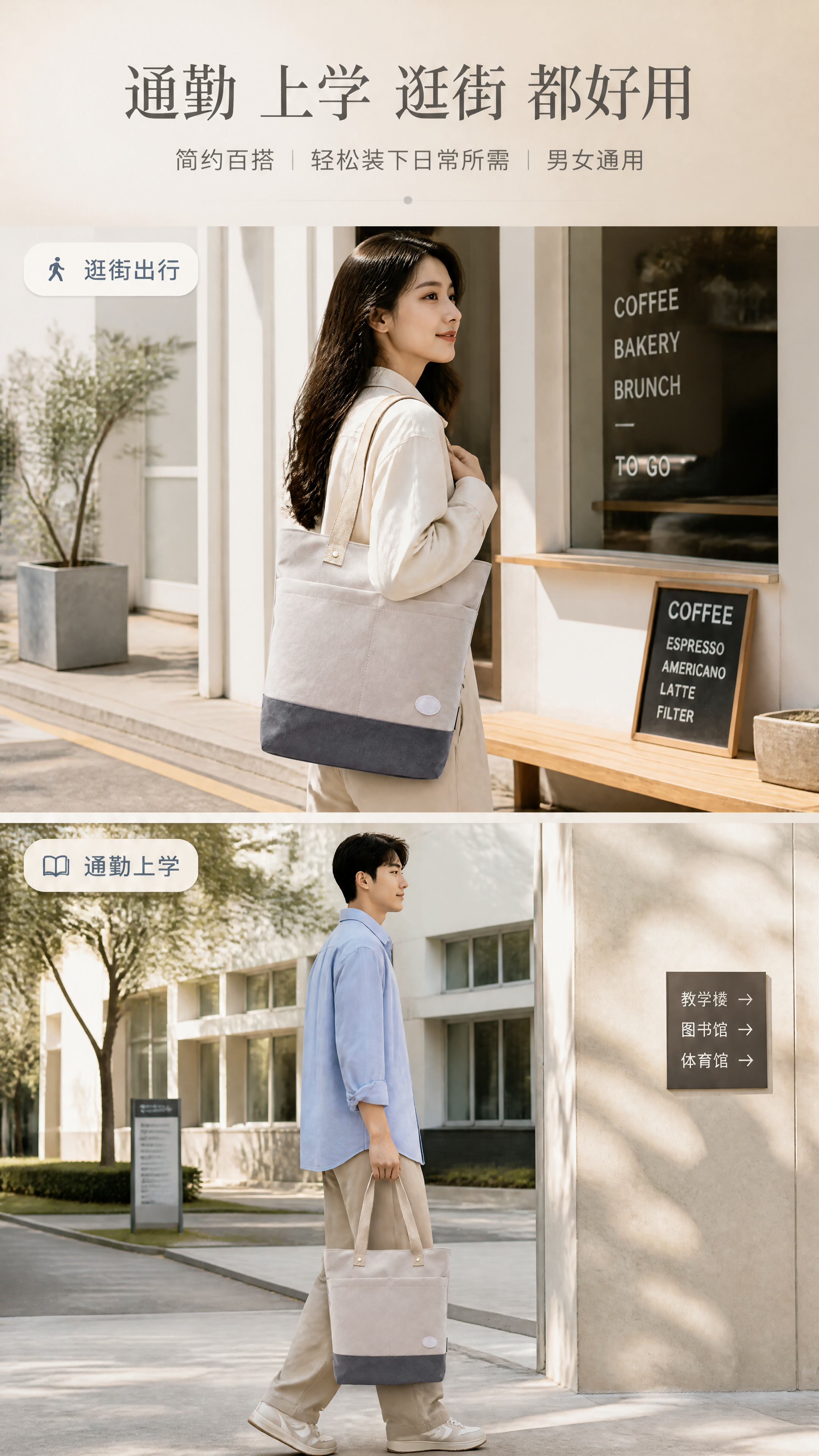 [商品] 使用【图1】米灰拼深灰单肩帆布托特包；保留包身结构、… - 图片创意预览