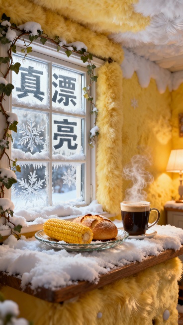 积雪窗台摆着玻璃托盘，上面放着刚出炉的玉米、面包，旁边是冒热气的热咖啡。窗沿爬着带雪的藤蔓，玻璃贴有真漂亮几个大字，玻璃凝着冰花，室内暖光透出，奶黄 + 雪白配色，软萌的居家暖调。预览效果