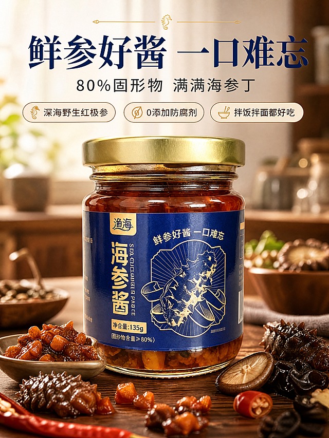 [商品] 使用【图1】渔海海参酱玻璃瓶装产品；保留瓶身结构、金色瓶盖、深蓝色标签、标签上所有中文文字（渔海品牌、海参酱、SEA CUCUMBER PASTE、鲜参好酱一口难忘、海参图案、净含量135g、固形物含量≥80%）、瓶内红棕色酱体及可见海参丁颗粒；商品处理：清晰化标签文字，增强瓶身玻璃质感与酱体光泽，不改变包装结构和颜色。
[画面] 页面目标：食欲氛围头图，主打鲜参好酱的高端家常感。构图：上文下图，产品居中偏下占画面60%，瓶身正面朝向观众；前景散落海参丁、红辣椒段、香菇片、黑木耳等原料特写，中景木质餐桌，后景虚化中式厨房暖光环境；≥3层环境元素（前景食材/中景桌面/后景厨房）。
[视觉] 套系策略：风格=中式家常高级商业美食摄影；标题字=宋体粗体（带衬线，厚重有食欲）；正文字=简洁无衬线体；主色=深海蓝（呼应包装）；背景延展=基于深海蓝做深浅层级渐变，搭配木质暖棕、米白餐桌质感；强调色=金橙色（仅用于小面积图标、引线、标签高光）；标题色=深海蓝；正文色=深炭灰；组件=圆角浅米信息卡、细金引线、海参小图标；光影=左前侧暖柔光，酱体有高光反射，整体暖调。
[文字] 上方留白处主标题「鲜参好酱 一口难忘」（8字），副标题「80%固形物 满满海参丁」（10字），下方3个短卖点胶囊：「深海野生红极参」「0添加防腐剂」「拌饭拌面都好吃」；文字横排，不遮挡瓶身主体标签和海参图案。
[规格] 图片比例3:4竖版（国内电商详情页），分辨率4K，quality=medium；负向提示：避免变形、错字、文字过小、冷蓝灰背景、包装文字错乱、瓶身颜色改变、医疗功效宣传、极限词。