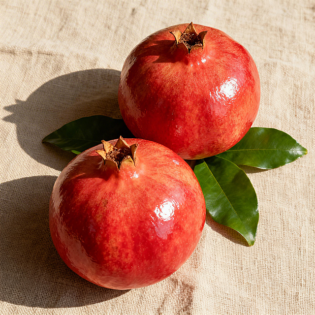 云南蒙自软籽石榴商品主图，两个完整石榴放在米色粗布背景上，搭配绿叶突出自然新鲜，光影清晰，适合电商主图，整体干净高级