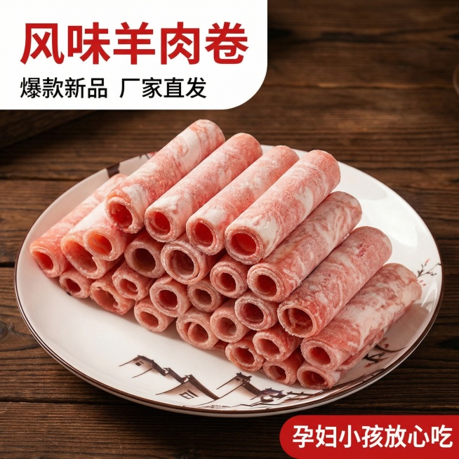 [主图 1] 风味羊肉卷新品首图，食欲感新鲜展示
[氛围/风格] 生鲜美食风格，自然暖光，突出新鲜诱人质感。
[画面元素] 保持原图羊肉卷的外观纹理完全一致，摆放在带有中式花纹的白盘上，放置在干净的深预览效果