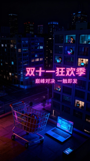 在漆黑寂静的深夜，背景是高楼大厦，街道上空无一人，但是大楼里还亮着微弱的灯光，大楼里全是人拿着数码设备在清空购物车，这是一场看不见的“双11 抢购赛”，在海报3/4的位置写上主标题“双十一狂欢季”副标预览效果